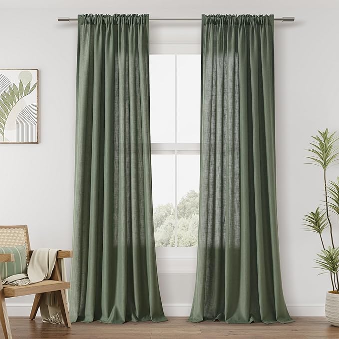 Guken Olive Green Linen Curtains 90 Inch Length for Living Room Bedroom 2 Panels Set Rod Pocket Light Filtering Semi Sheer Window Curtains 52 Inch Width Boho Farmhouse Linen Drapes, W52xL90