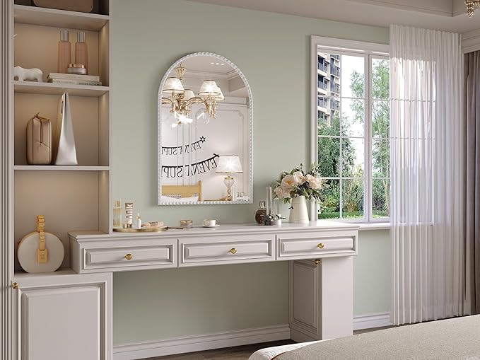 Arched Mirror for Wall, 22"x30" White Arch Bathroom Vanity Mirrors, Metal Floral Frame Decorative Arch Wall Mirror, White Arched Mirrors for Washroom, Bedroom, Entryway, Living Room