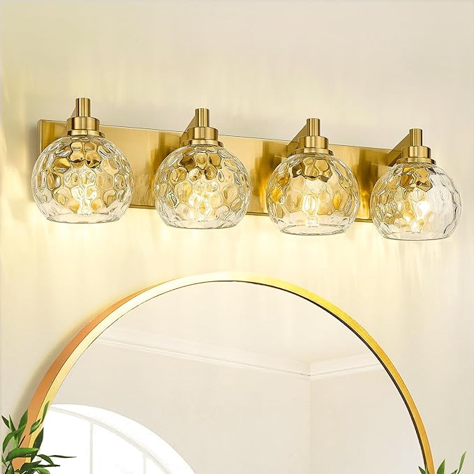 Bathroom Light Fixtures Over Mirror, 26" Brushed Gold Bathroom Vanity Light with Clear Hammered Glass Globe Shade, 4-Light Modern Sconces Wall Lighting, VL200-BG-CL-4
