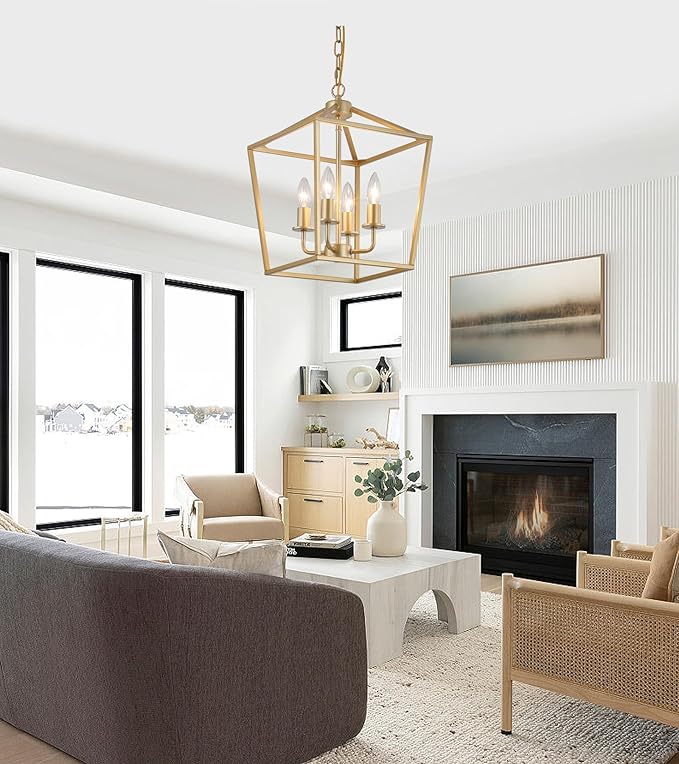Industrial 4 Lights Chandelier, Gold Lantern Ceiling Light Fixtures with Rustic Metal Cage Adjustable Height Farmhouse Geometric Hanging Light for Kitchen Island, Dining Room, Entryway, UL Listed