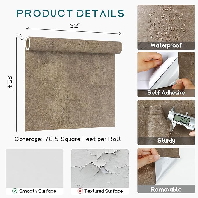 VEELIKE Grunge Metallic Wallpaper Brown Concrete Wallpaper Peel and Stick Removable Industrial Wall Paper for Bedroom 32''x354'' Self Adhesive Waterproof Concrete Contact Paper for Countertops Walls