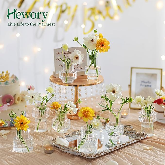 Hewory Ribbed Bud Vases for Centerpieces: Set of 4 Small Clear Glass Vase for Bridal Baby Shower Home Decor - Modern Table Decoration for Wedding & Event Planners