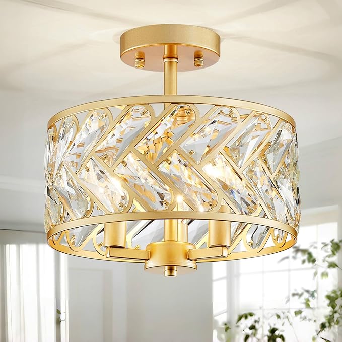 Shrine Lighting Crystal Ceiling Light, Gold Crystal Chandelier for Living Room, D12.4'' x H11.2'', E12*3 Sockets, Ctystal Lampshade & Gold Finish Frame
