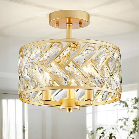 Shrine Lighting Crystal Ceiling Light, Gold Crystal Chandelier for Living Room, D12.4'' x H11.2'', E12*3 Sockets, Ctystal Lampshade & Gold Finish Frame