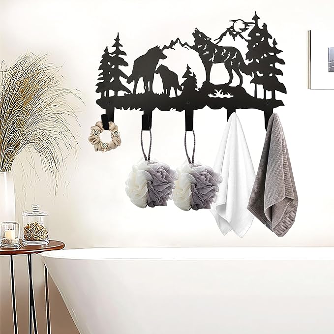 Metal Wolf Coat Hooks Wall Art Decor-Wolf Hangers and Key Holder-Clothes Rack and Backpack Hanger-Animal Theme Hooks Sweet Home Decor for Storage, Living Room, Hallway, Office (Black)
