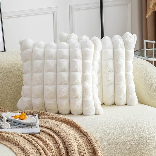 Neelvin Cream White Faux Fur Cozy Soft Plaid Decorative Throw Pillow Covers 24x24 inch Set of 2,Velvet Pillowcase Cushion Case for Sofa Couch