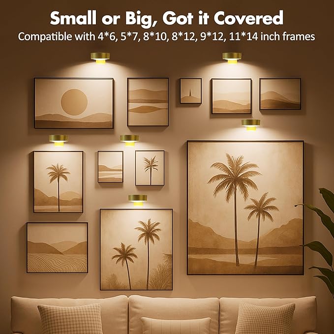 6Pcs Battery Operated Picture Light, Magnetic Led Painting Light with Remote Dimmable and Timer, 3 Lighting Modes Art Display Light for Picture Frame Paintings, Wireless Wall Decor Puck Lights, Gold