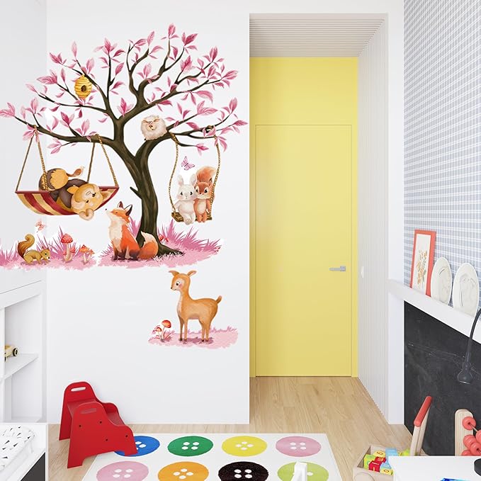 Cute Jungle Theme Wall Stickers Removable Animal Forest Wall Decals Elephant Monkey Lion Giraffe Zebra Peel and Stick Tropical Wall Art Decor for Nursery Bedroom Classroom (Pink)