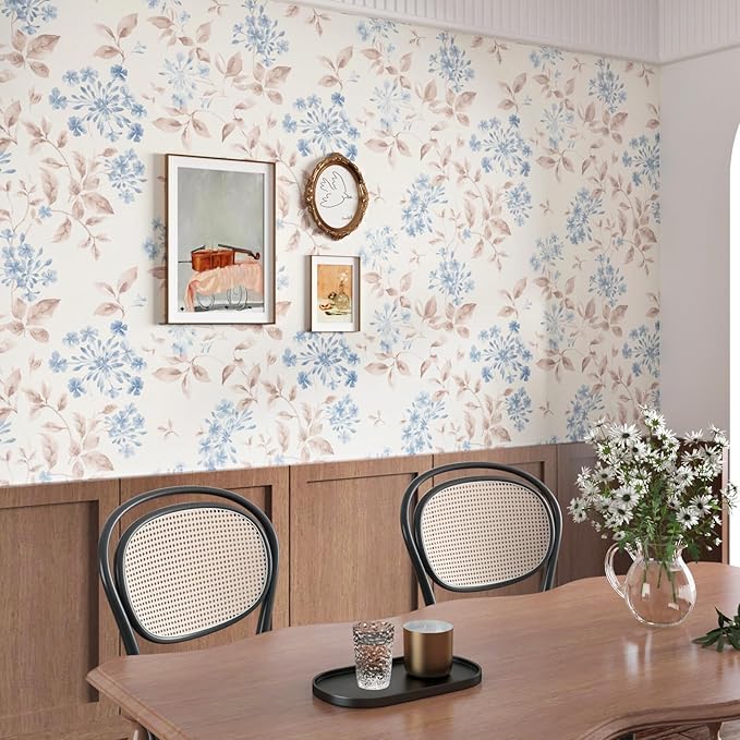 WESTICK Blue Leaf Wallpaper Vintage Peel and Stick Floral Contact Paper for Walls Neutral Floral Wallpaper Self Adhesive Removable Beige Leaf Wall Paper for Bedroom Living Room Cabinets 17.5"x100"