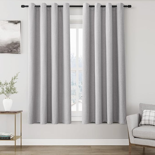 100% Blackout Linen Curtains for Bedroom Thermal Insulated Grommet Complete Blackout Drapes 63 Inch Length 2 Panels Set Heat and Full Light Blocking Living Room Darkening Curtains Light Grey