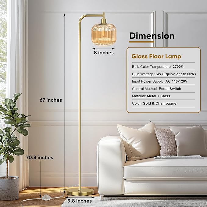 QiMH Glass Floor Lamp for Living Room, Modern Standing Lamp with Ribbed Champagne Glass Lampshade Pedal Switch, 67” Tall Lamp for Bedroom Study Room, Brushed Gold (2700K LED Bulb Included)