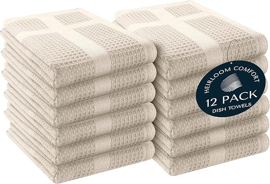 Waffle Weave Kitchen Towels with Hanging Loop, 12 Pack, 100% Cotton, 16"x26", Super Absorbent, Fast Drying Dishcloth Set, Soft for Cleaning Dishes, Hand Towel, Durable, Ivory