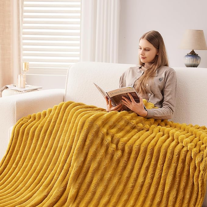NEWCOSPLAY Super Soft Throw Blanket Mustard Yellow Premium Silky Flannel Fleece 3D Ribbed Jacquard Lightweight Bed Blanket All Season Use (Mustard Yellow Ribbed, Throw(50"x60"))