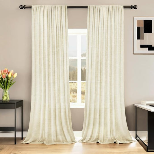 HESTIA Linen Curtains 72 inch Long 2 Panel Set Light Filtering Cream Curtain for Living Room Bedroom 42 inch Wide Blackout Drapes with Rod Pocket Back Tab Pin Hooks (72" Lx42 W)