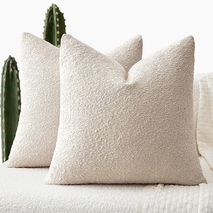 ANRODUO Pack of 2 Textured Boucle Throw Pillow Covers Soft Beige Euro Decorative Accent Solid Pillow Cases Cozy Modern Couch Cushion Case for Chair Sofa Bedroom Living Room Home Decor, 22 x 22 Inch