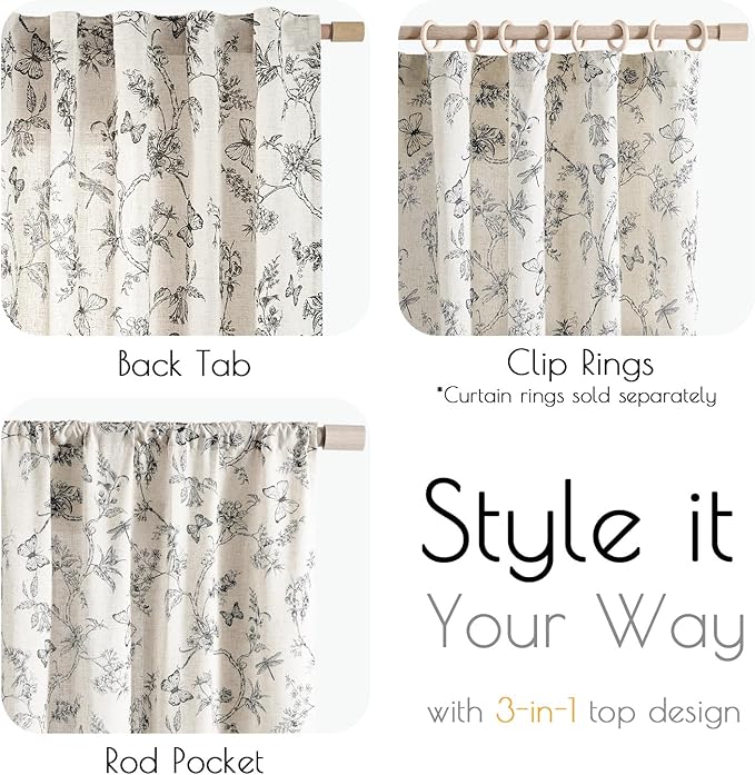 Lazzzy Black Floral Linen Farmhouse Curtains 96 Inches Long Back Tab Drapes for Living Room Bedroom Light Filtering Country Vintage Rod Pocket Curtains,2 Panels, Black on Beige
