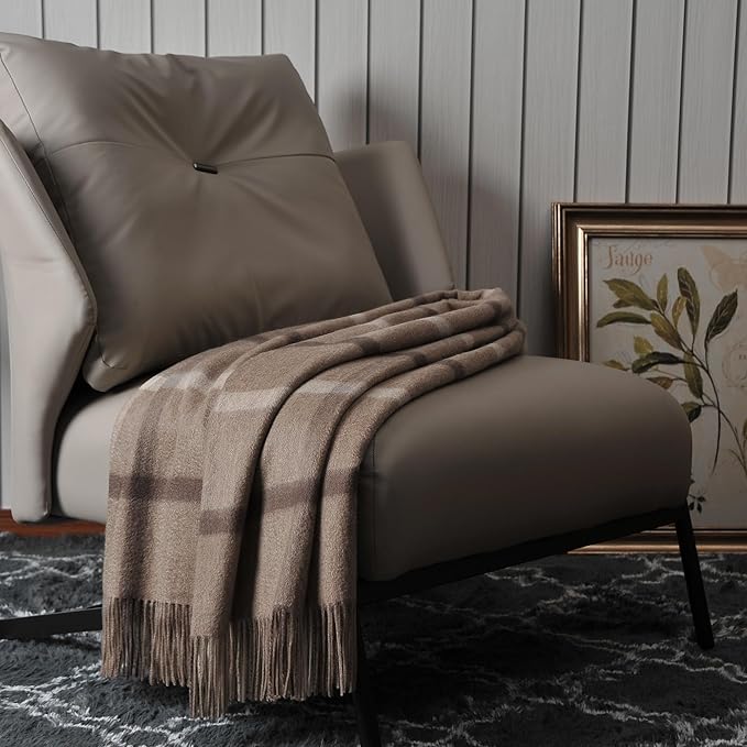 EP Mode 100% Pure Cashmere Throw Blanket for Sofa, Classic Design with Gift Box (Neutral Windowpane)