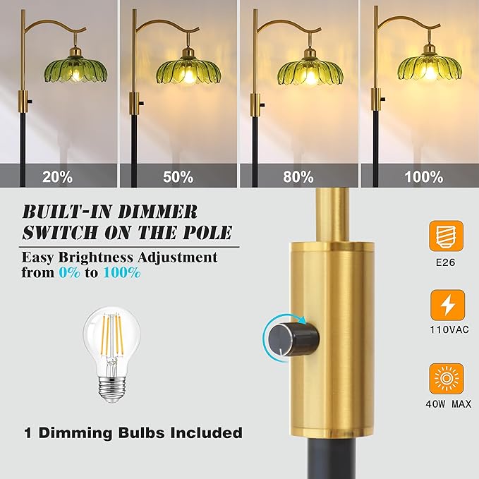 Vintage Dimmable Arc Floor Lamp with Side Table and Marble Base, Farmhouse Standing lamp with Green Glass Lampshades for Living Room Bedroom