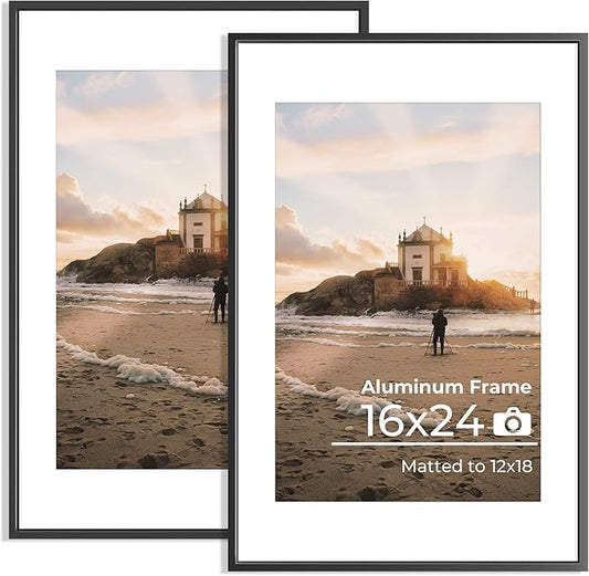 16x24 Metal Picture Frame, 16x24 Thin Aluminum Photo Frames with 12x18 Removable Mat, High End Metal Poster Frame, Ideal for Wall or Tabletop Display, Black, Set of 2