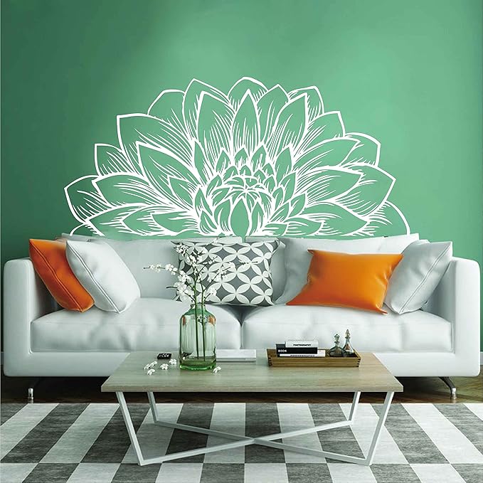 Mandala in Half Dahlia Wall Decal Lotus Flower Interior Home Decor Meditation Mandala Wall Art Stickers BA787 (White, M-15.7X31.5inch)