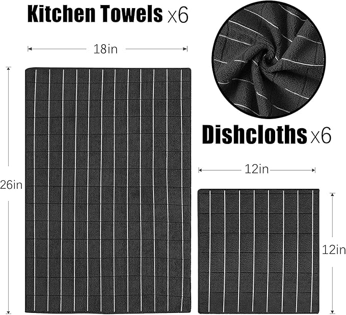 Microfiber Kitchen Towels and Dishcloths Set, 26 X 18 Inch and 12 X 12 Inch, Set of 12 Bulk Lint Free Dish Towels for Drying Dishes, Black