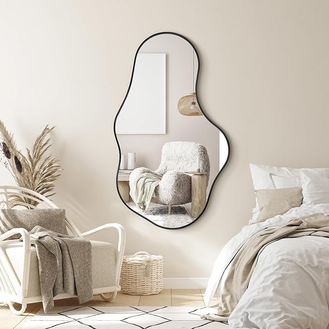Irregular Wall Mirror, 24"x40" Black Abstract Asymmetrical Mirrors for Wall, Decorative Cloud Aesthetic Mirror for Bathroom, Bedroom, Cloakroom, Entryway, Shatter-Proof Aluminum Alloy Frame