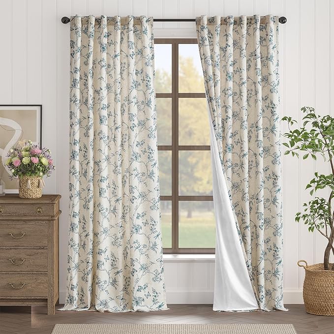 Lazzzy Farmhouse Lined Linen Blue Floral Curtains 96 Inch Long Back Tab Drapes for Living Room Bedroom Light Filtering Country Vintage Rod Pocket, 2 Panels, Blue on Beige