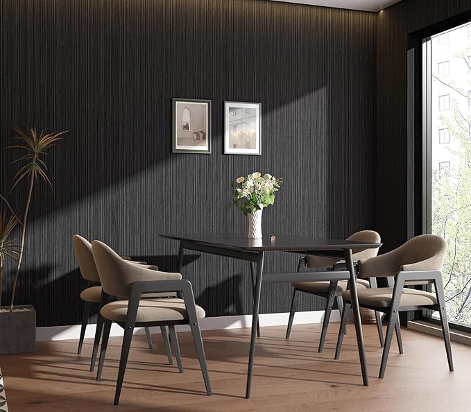 Black Grasscloth Peel and Stick Wallpaper Linen Textured 24"x787" Faux Grassweave Upgraded Thick Extra Large Self-Adhesive Neutral Contact Paper Vinyl Roll for Home Use