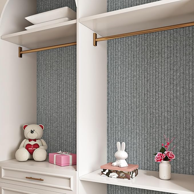 Livelynine 15.8 X 394 Grey Wallpaper for Bedroom Sticky Faux Linen Stripe Fabric Cubicle Wall Paper Gray Contact Paper Peel and Stick for cabinets Kids Room Walls self Adhesive Furniture Vinyl wrap