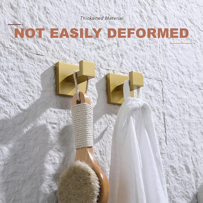 TASTOS Bath Towel Hooks Brushed Gold, 4 Pack Stainless Steel Robe Coat and Clothes Hook, Heavy Duty Wall Hook for Bathroom & Kitchen, Modern Square Style Wall Mounted…