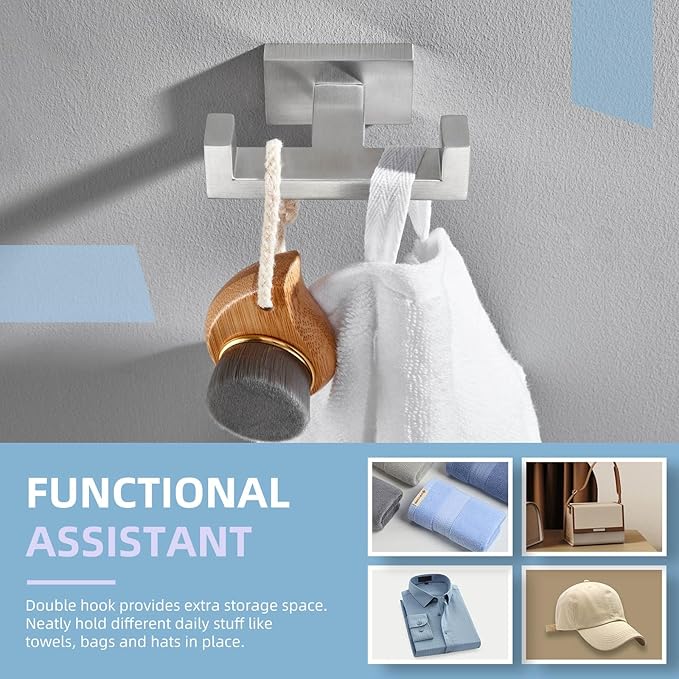 Angle Simple Towel Hook for Bathroom, SUS 304 Stainless Steel Double Robe Coat Hook, Hand Towel Hanger Wall Mount, Brushed Nickel