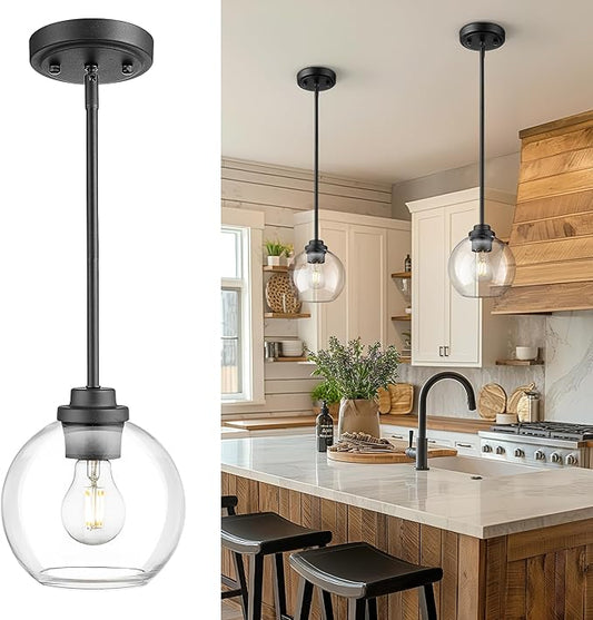 Matte Black Pendant Light, Mid Century Globe Haning Light Fixture Ceiling with Clear Glass for Kitchen Island Dining Room Bedroom Hallway Foyer (1 Pack), PL101BK