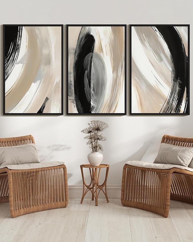 KUVIOKE Modern Abstract Framed Wall Art Black Neutral Minimalist Ink and Wash Graffiti Pastel Wall Decor for Bedroom Living Room 24x36in (Black Framed)