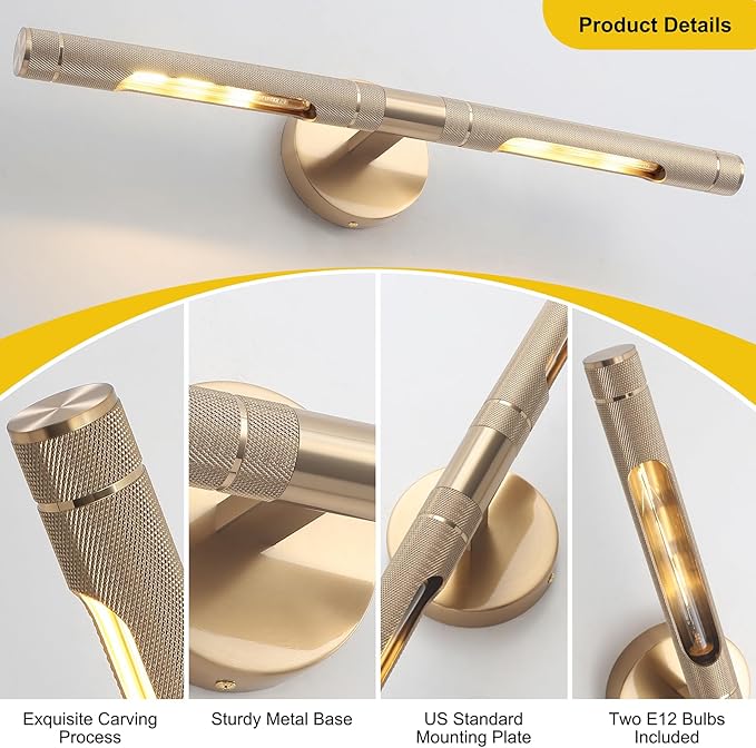 Brass Wall Lights for Pictures,23.6in Hardwired Gold Knurled Brushed Wall Picture Light,Rotatable 360° Modern Gallery Light for Bedroom Bathroom Vanity Mirror Study Room, E12 Bulbs Included