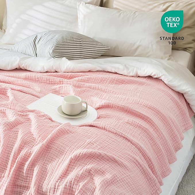 Carriediosa 100% Cotton Muslin Throw Blanket 50" X 70" Throw XL Size，4-Layers Summer Gauze Throws for Bed Couch，Soft Lightweight Breathable Linen Blankets Bedspread for Adults All Season，Dusty Pink