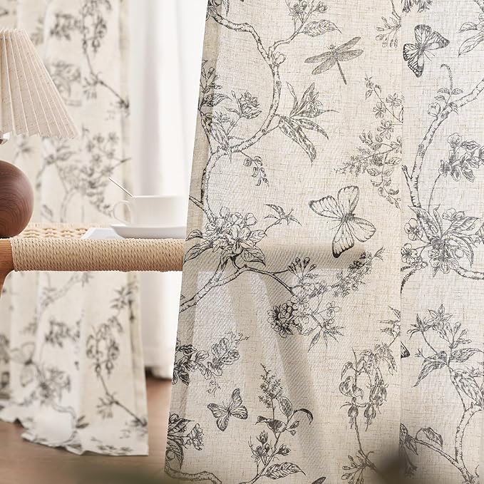 Lazzzy Linen Black Floral Curtains 90 Inch Length Farmhouse Curtain Back Tab Drapes for Living Room Bedroom Light Filtering Vintage Rod Pocket Curtains, 2 Panels, Black on Beige