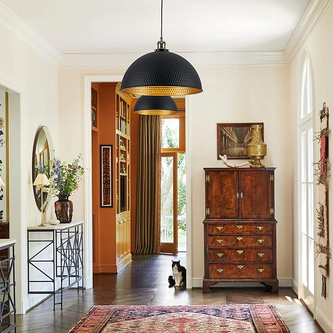 Industrial Large Black Gold Pendant Lights 2-Pack Vintage 16" Dome Pendant Light Fixtures with Golden Finish Rustic Farmhouse Black Pendant Lights for Kitchen Island, Dining Room, Bedroom