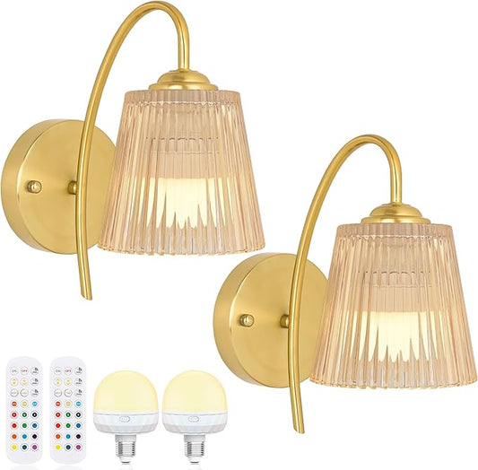 Vintage Battery Operated Wall Sconce with Flower lampshade,Rechargeable Battery Powered Wall Lights,Wall lamp With 15 Colors for Bedroom Living Room Home Decor (Amber Stripe, 2 Light Battery Operated)