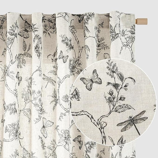 Lazzzy Black Floral Linen Farmhouse Curtains 96 Inches Long Back Tab Drapes for Living Room Bedroom Light Filtering Country Vintage Rod Pocket Curtains,2 Panels, Black on Beige