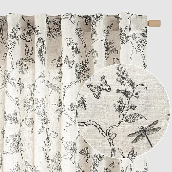 Lazzzy Linen Black Floral Curtains 90 Inch Length Farmhouse Curtain Back Tab Drapes for Living Room Bedroom Light Filtering Vintage Rod Pocket Curtains, 2 Panels, Black on Beige