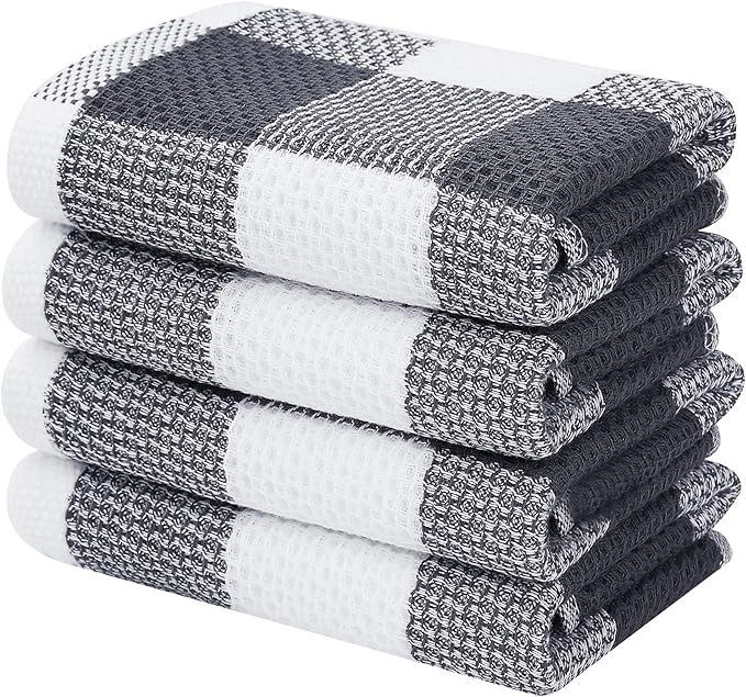 Homaxy 100% Cotton Waffle Weave Check Plaid Kitchen Towels, 13 x 28 Inches, Super Soft and Absorbent Dish Towels for Drying Dishes, 4-Pack, White & Dark Grey
