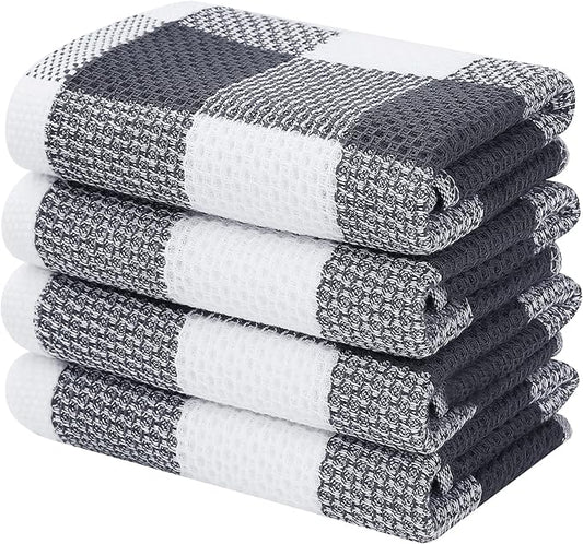 Homaxy 100% Cotton Waffle Weave Check Plaid Kitchen Towels, 13 x 28 Inches, Super Soft and Absorbent Dish Towels for Drying Dishes, 4-Pack, White & Dark Grey