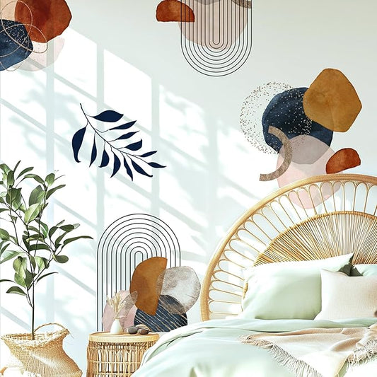 Boho Mid-Century Modern Wall Decals Peel and Stick, Large Archs Abstract Vinyl Wall Stickers, Removable Leaves Plants Home Decor Art for Bedroom Living Room Classroom Office