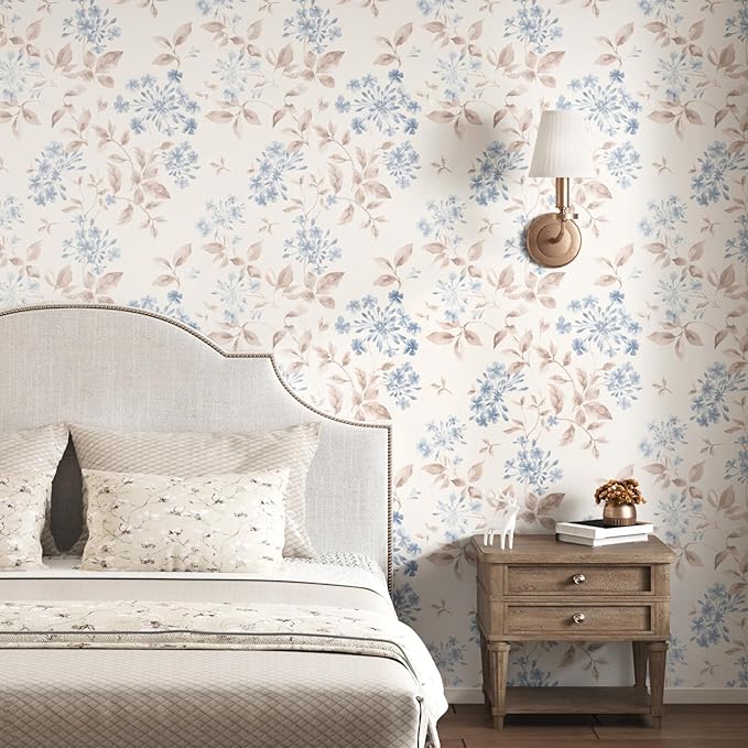 WESTICK Blue Leaf Wallpaper Vintage Peel and Stick Floral Contact Paper for Walls Neutral Floral Wallpaper Self Adhesive Removable Beige Leaf Wall Paper for Bedroom Living Room Cabinets 17.5"x100"