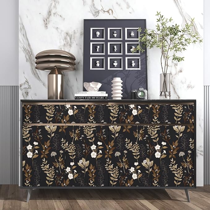 Black Floral Wallpaper Peel and Stick Gold Leaf Contact Paper 17.4" x 118" Leaf Wallpaper Waterproof Self-Adhesive Wall Covering for Bedroom Countertop Desk Cabinets Decor