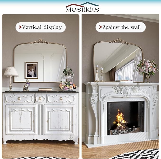 40" x 32" Antique Gold Arched Mirror for Wall, Vintage Brass Bathroom Mirror with Metal Frame, Bronze Ornate Gold Vanity Mirror for Entryway, Mantel, Powder Room