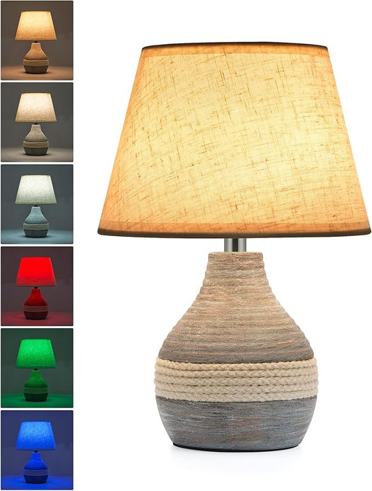 UMEXUS 10” Small Ceramic Cordless Table Lamp with Timer, Dimmer, Linen Shade, Remote Control, Rechargeable Battery Light for Patio Nightstand Kitchen Counter Living Room Side Table, Bulb Included