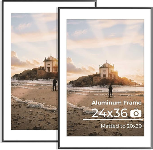 24x36 Metal Picture Frames, Aluminum Poster Frame with Removable Mat for 20x30 Photo, 24x36 Thin Hanging Frames, Sawtooth Picture Hangers Included for Home Wall Decor, Black, Set of 2