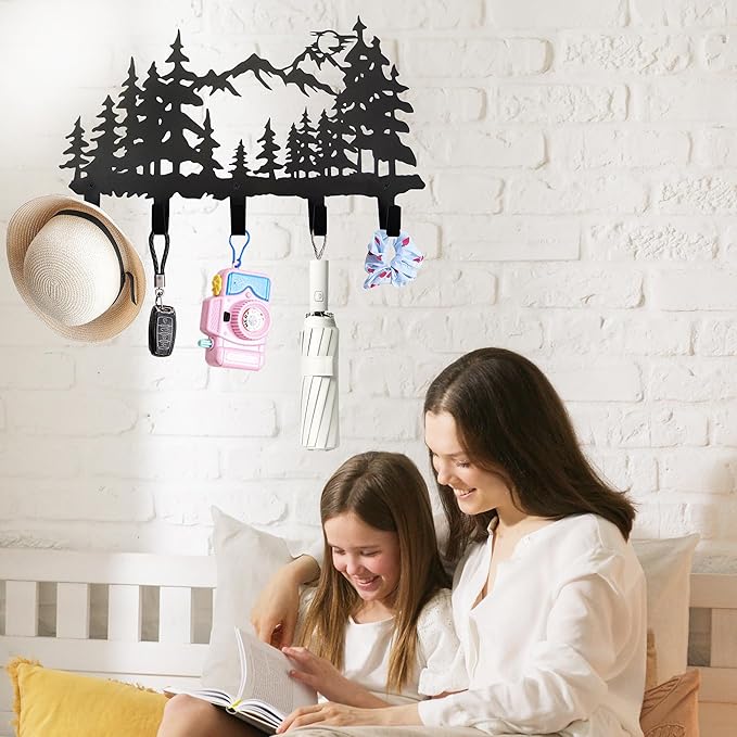 Metal Tree Coat Hooks Wall Art Decor-Tree Hangers and Key Holder-Clothes Rack and Backpack Hanger-Forest Theme Hooks Sweet Home Decor for Storage, Living Room, Hallway, Office (Black)