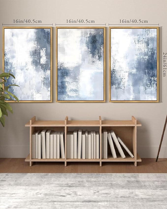 KUVIOKE Navy Blue and Gray Abstract Framed Canvas Wall Art Brush Strokes Block Shape Pastel Wall Decor Modern Minimalist Art Painting Home Decor 16x24in (Natural Framed)